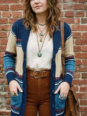Genuine Vintage 70s Kmart Striped Shawl Collar Duster Cardigan Sz M